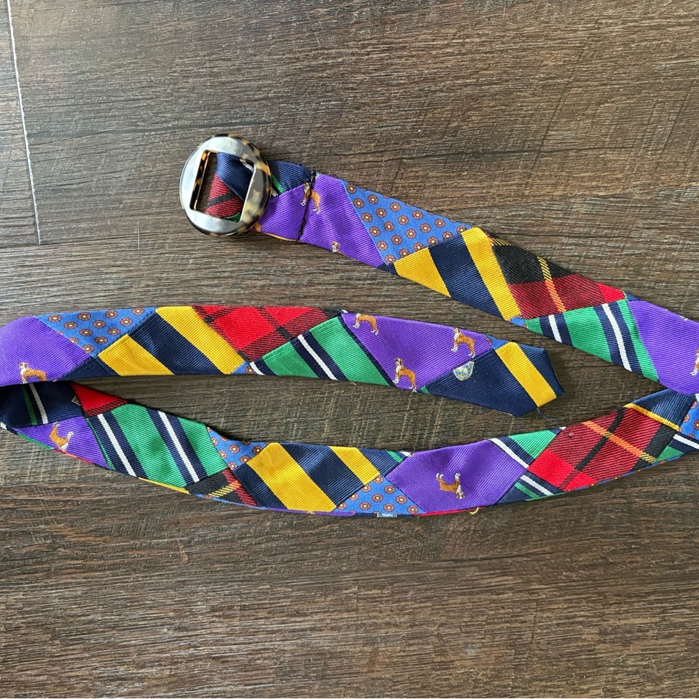 Vintage 90's J Crew S Patchwork Plaid Fabric Tortoise Shell Buckle Preppy Belt